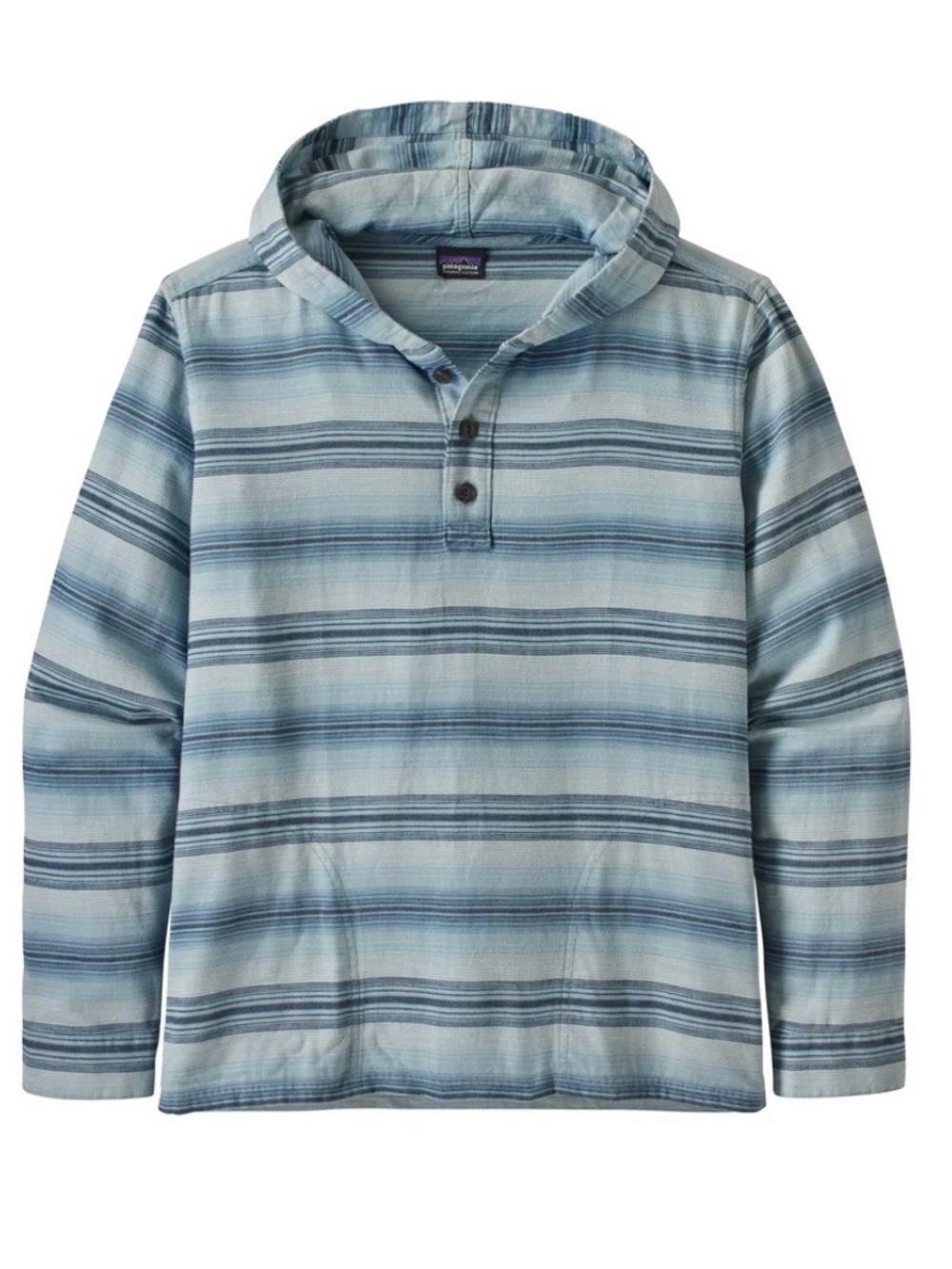 Patagonia Light Blue and Gray Striped Hooded Henley - Picture 1 of 5